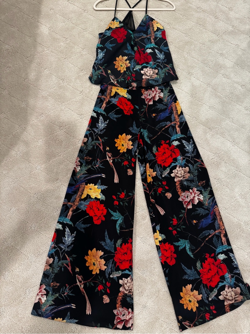 Alice & Olivia 2 Piece Floral Wide-Leg Outfit - Black with Red & Yellow Flowers